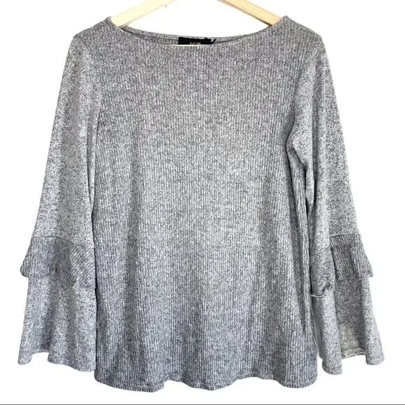 AGB Ruffled Bell Sleeve Ribbed Boat Neck Top - Picture 1 of 6